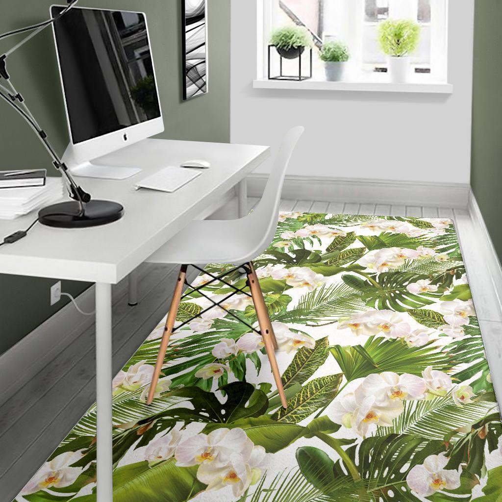 White orchid flower tropical leaves pattern Area Rug