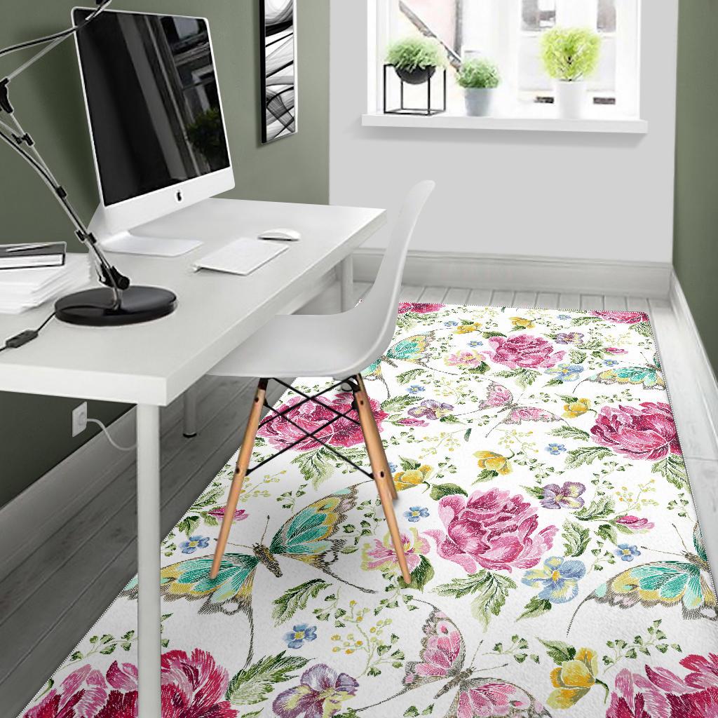 Hand drawn butterfly rose Area Rug