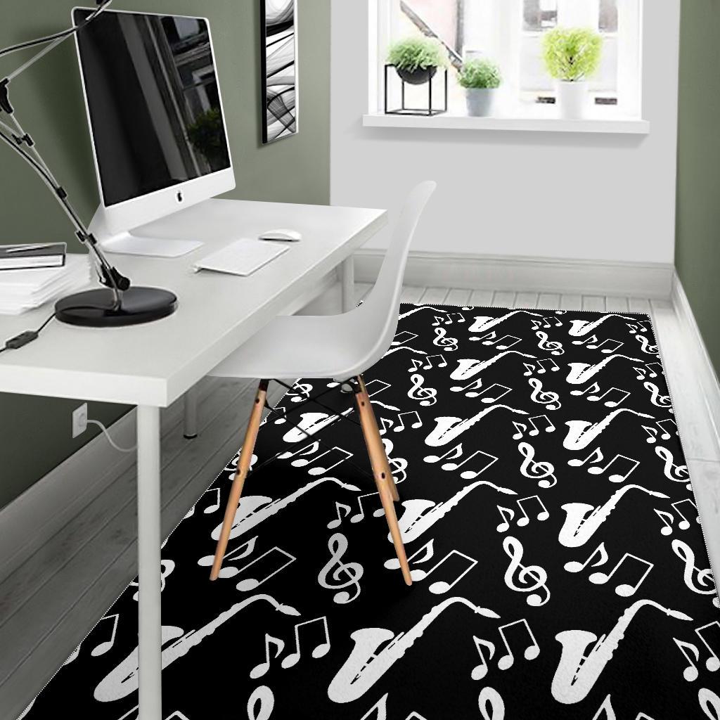 Saxophone music notes treble clef black white theme Area Rug