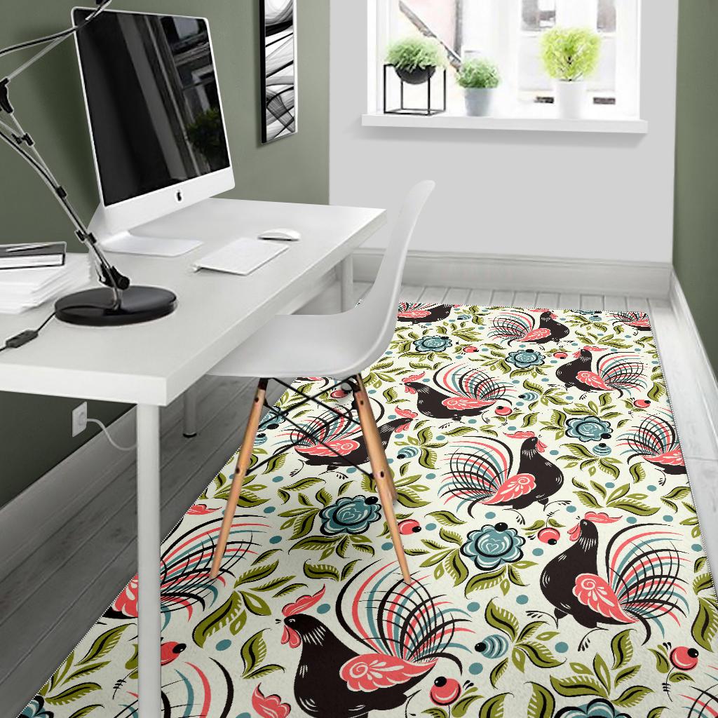 Rooster Chicken Leaves Pattern Area Rug
