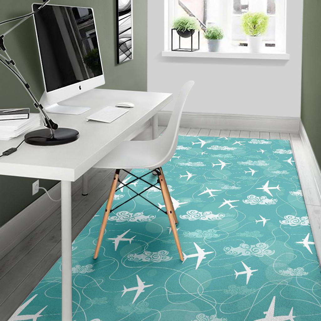 Airplane Cloud Pattern Green Background Area Rug