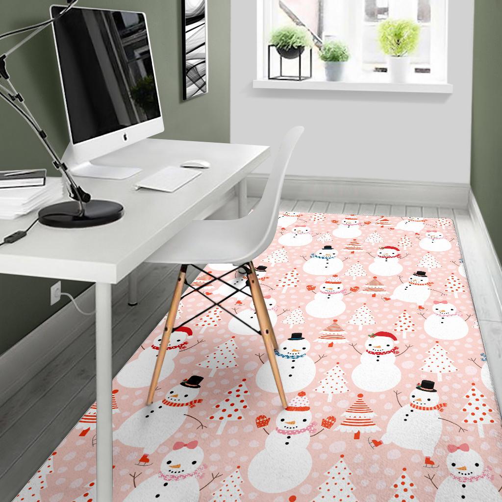Cute snowman christmas tree snowpink background Area Rug