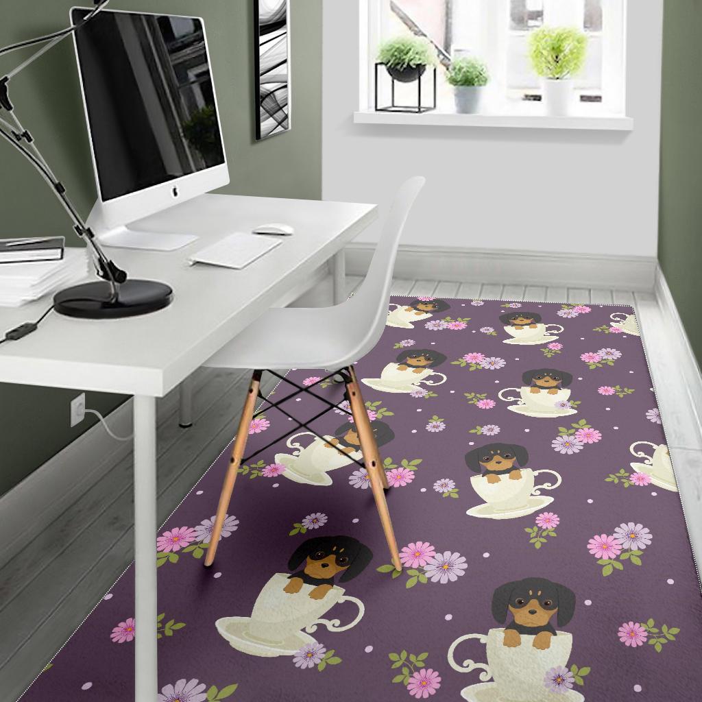 Dachshund in Coffee Cup Flower Pattern Area Rug