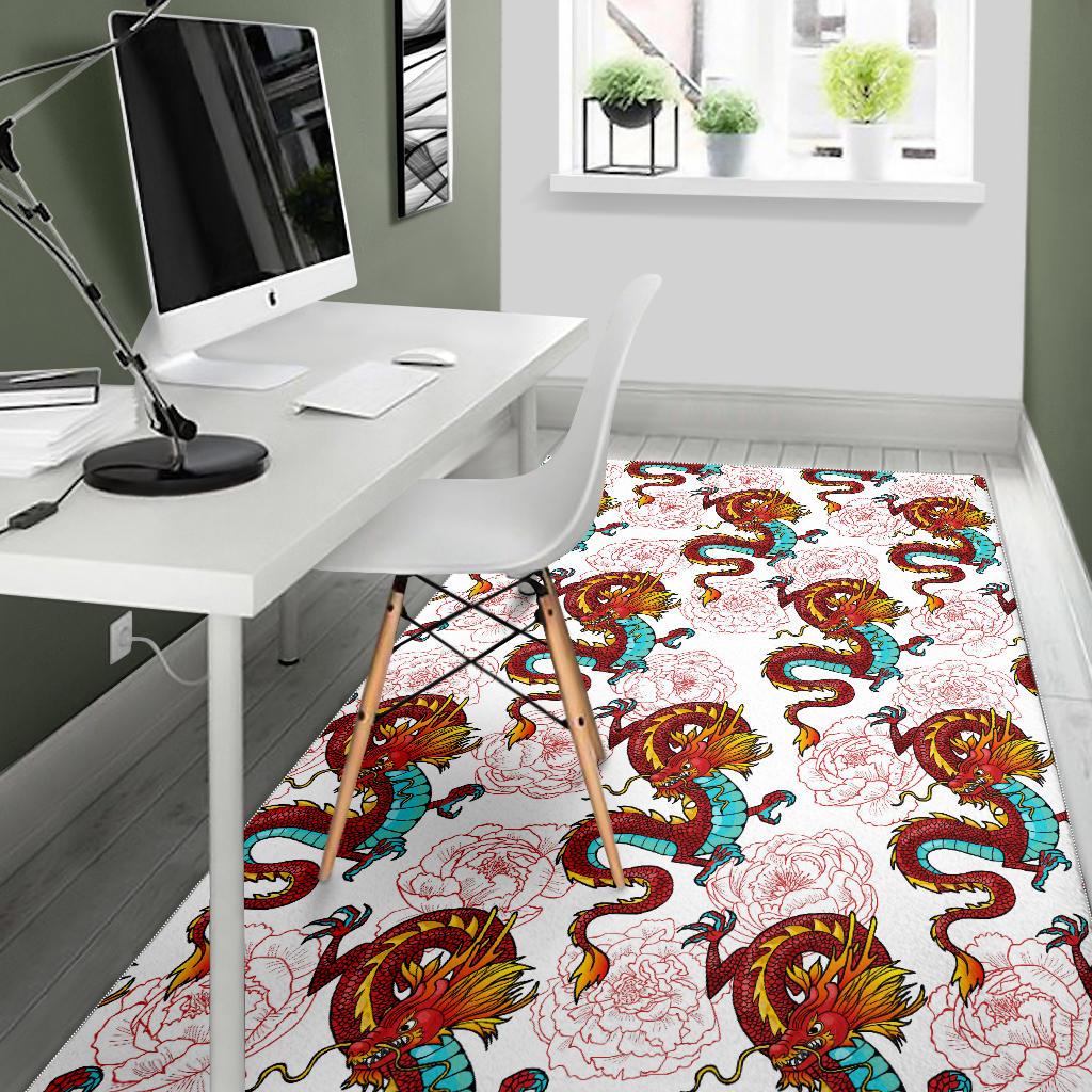 Red Dragon Hibiscus Pattern Area Rug