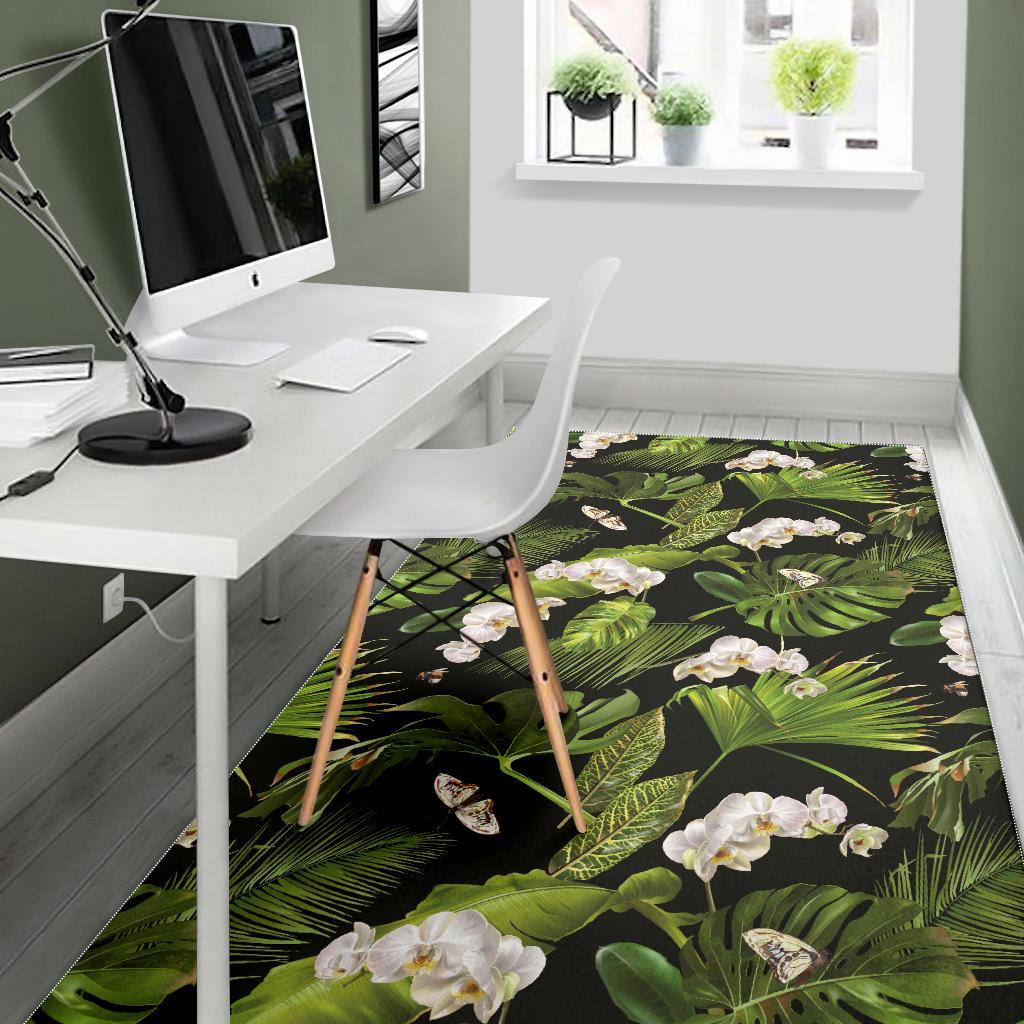 White orchid flower tropical leaves pattern blackground Area Rug
