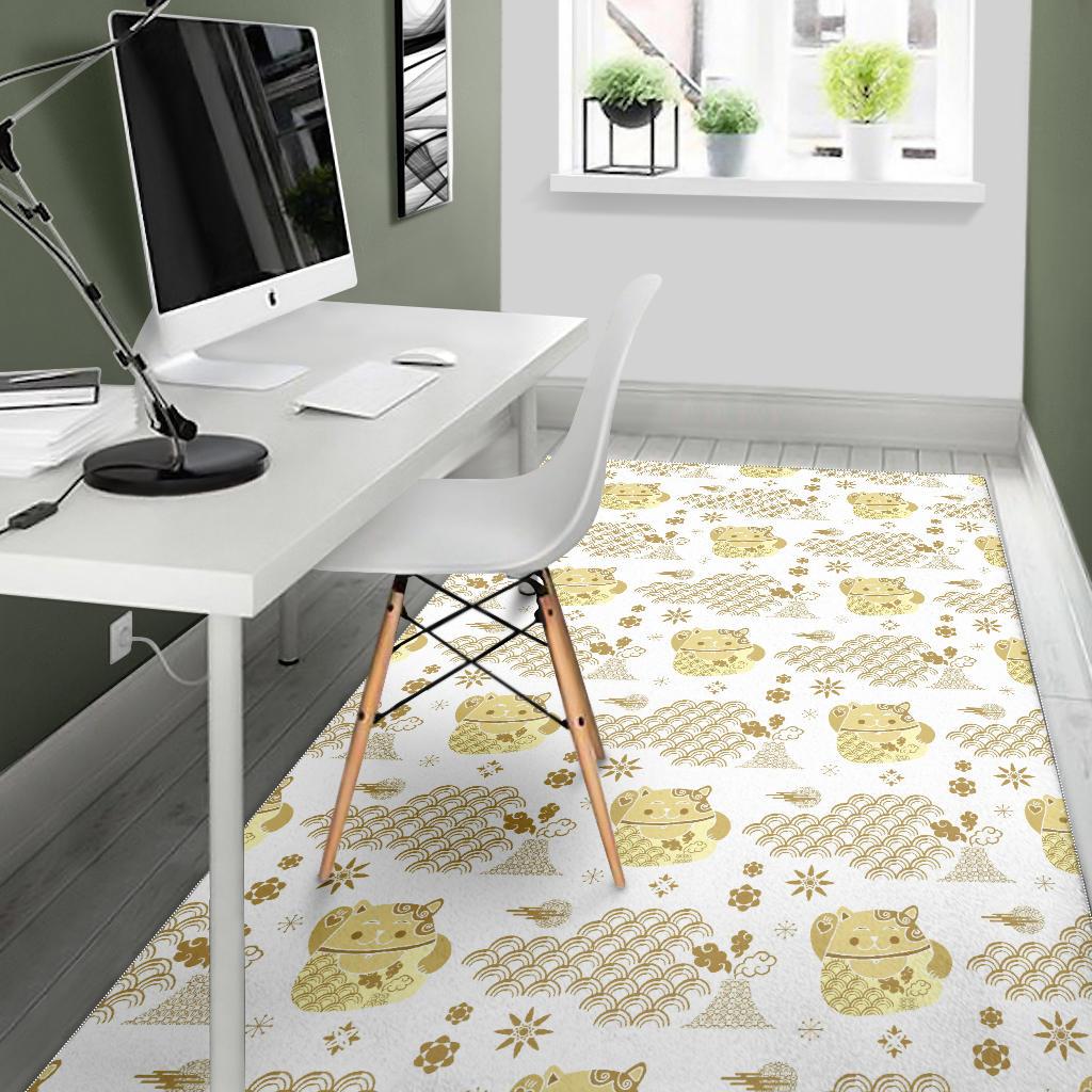 Gold Meneki Neko Lucky Cat Pattern Area Rug
