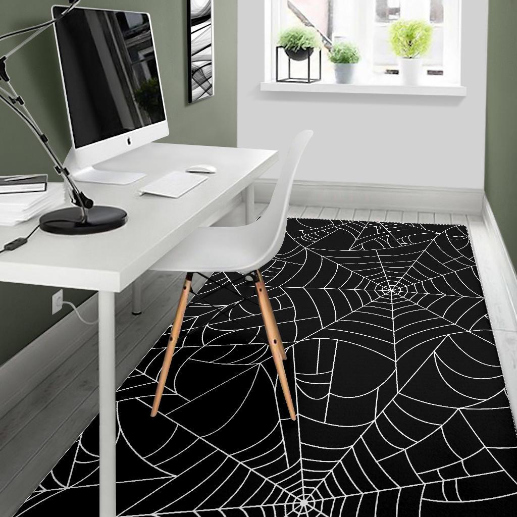 Spider web pattern Black background white cobweb Area Rug