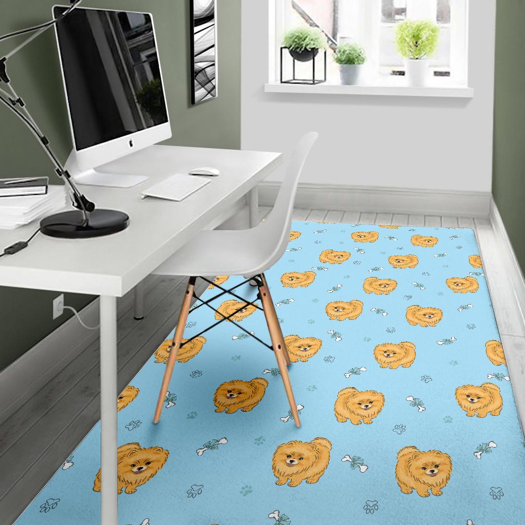 Brown cute pomeranian blue blackground Area Rug