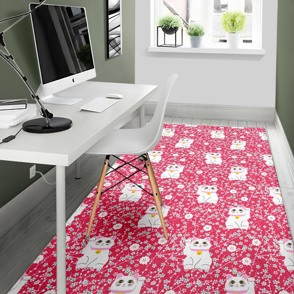 Maneki Neko Lucky Cat sakura pink background Area Rug