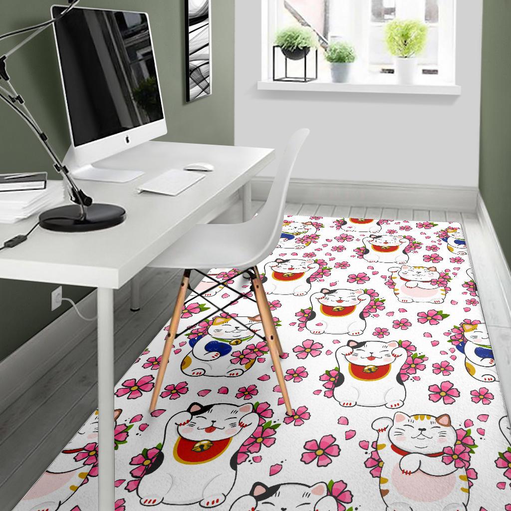 Meneki Neko Lucky Cat Sakura Flower Pattern Area Rug