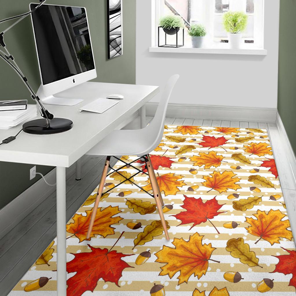 Maple leaf oak leaf acorns beige striped background Area Rug