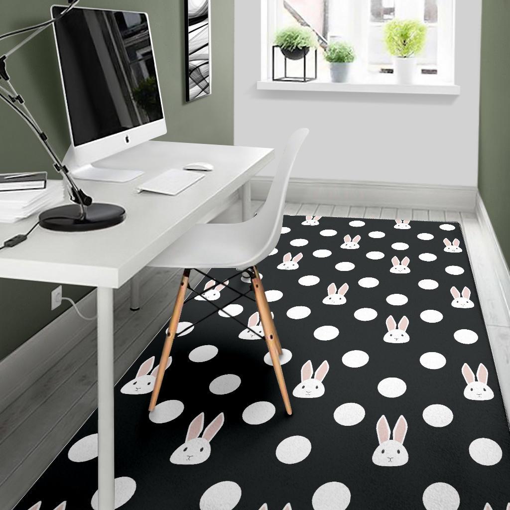 Cute white rabbit polka dots black background Area Rug
