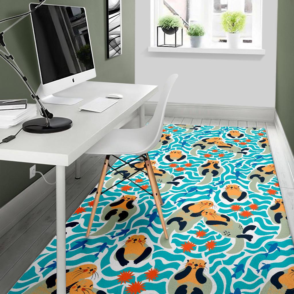 Cute sea otters fishe sea urchin pattern Area Rug