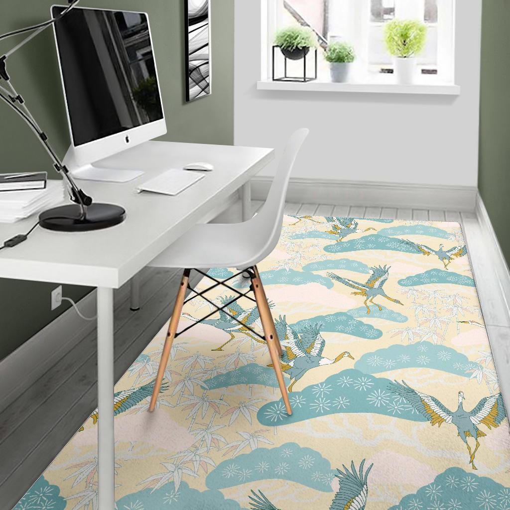 Bonsai bamboo stork japanese pattern cream theme Area Rug