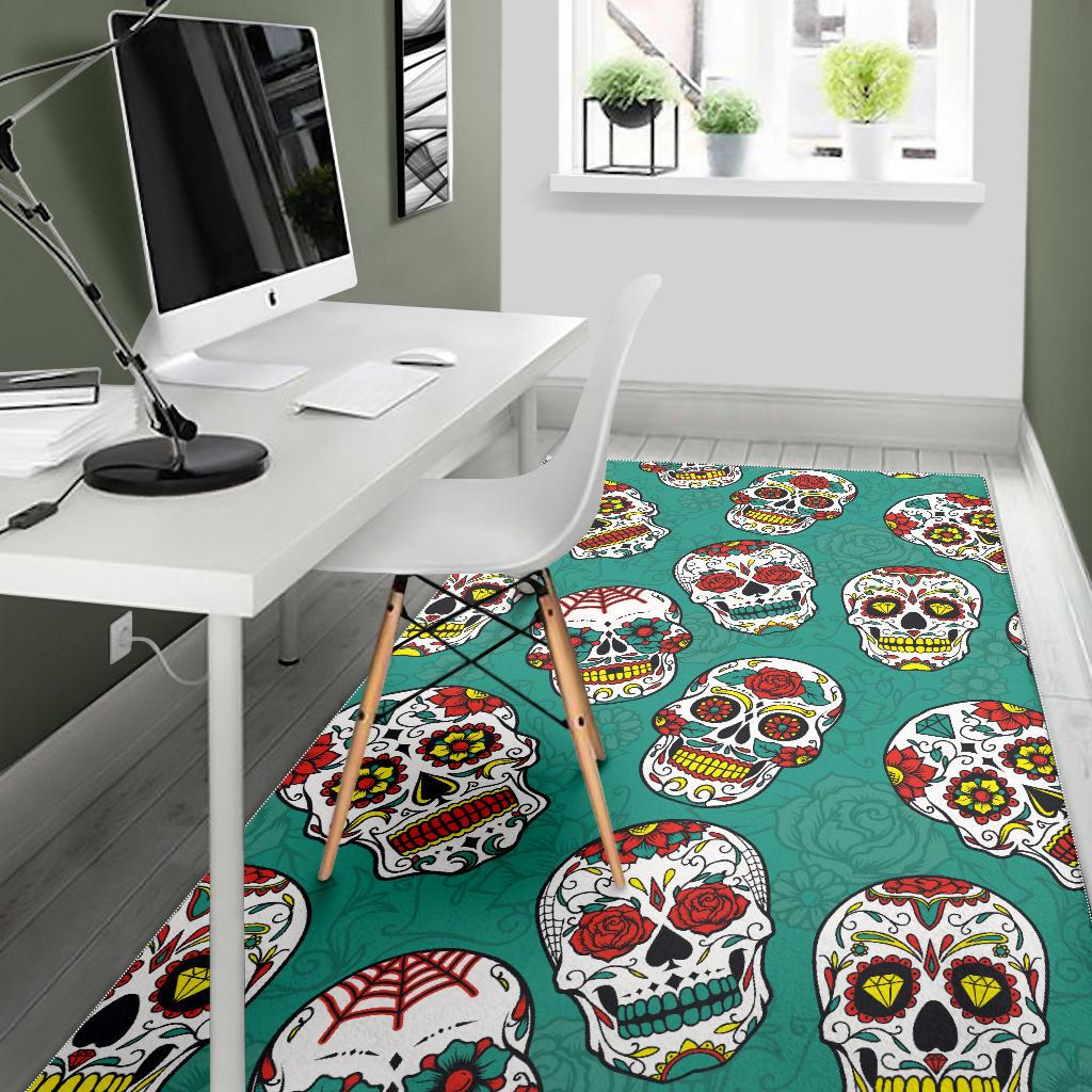 Suger Skull Pattern Green Background Area Rug