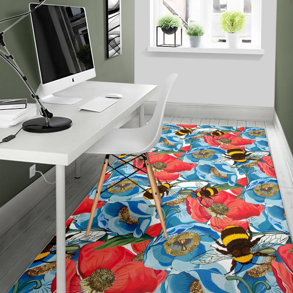Bee Red and Blue Hibiscus Pattern Area Rug
