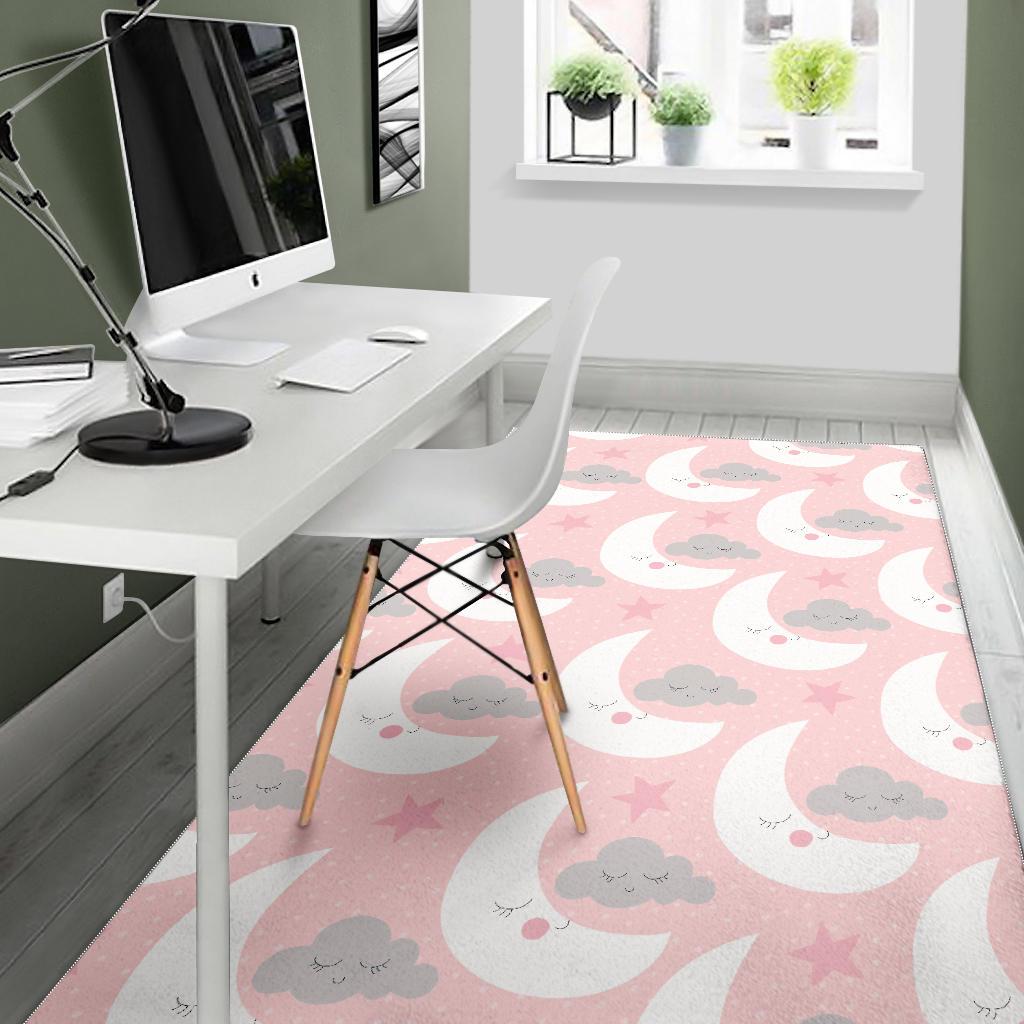Cute moon cloud star pattern pink dot background Area Rug