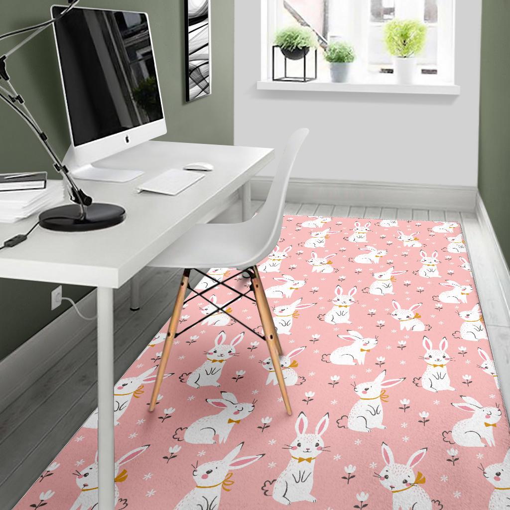 Cute white rabbit flower pink background Area Rug
