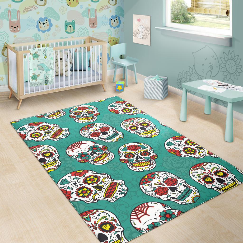 Suger Skull Pattern Green Background Area Rug