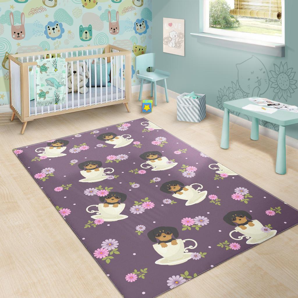 Dachshund in Coffee Cup Flower Pattern Area Rug