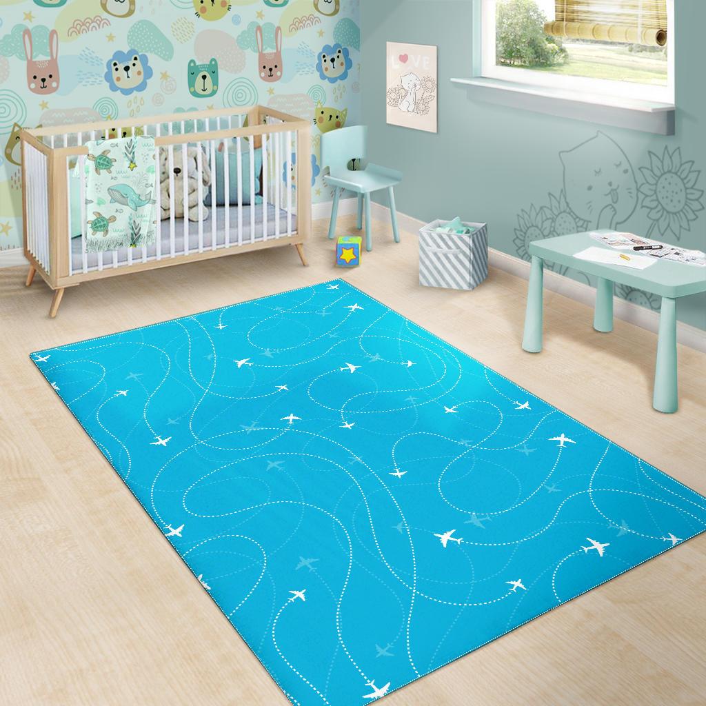 Airplane destinations blue background Area Rug