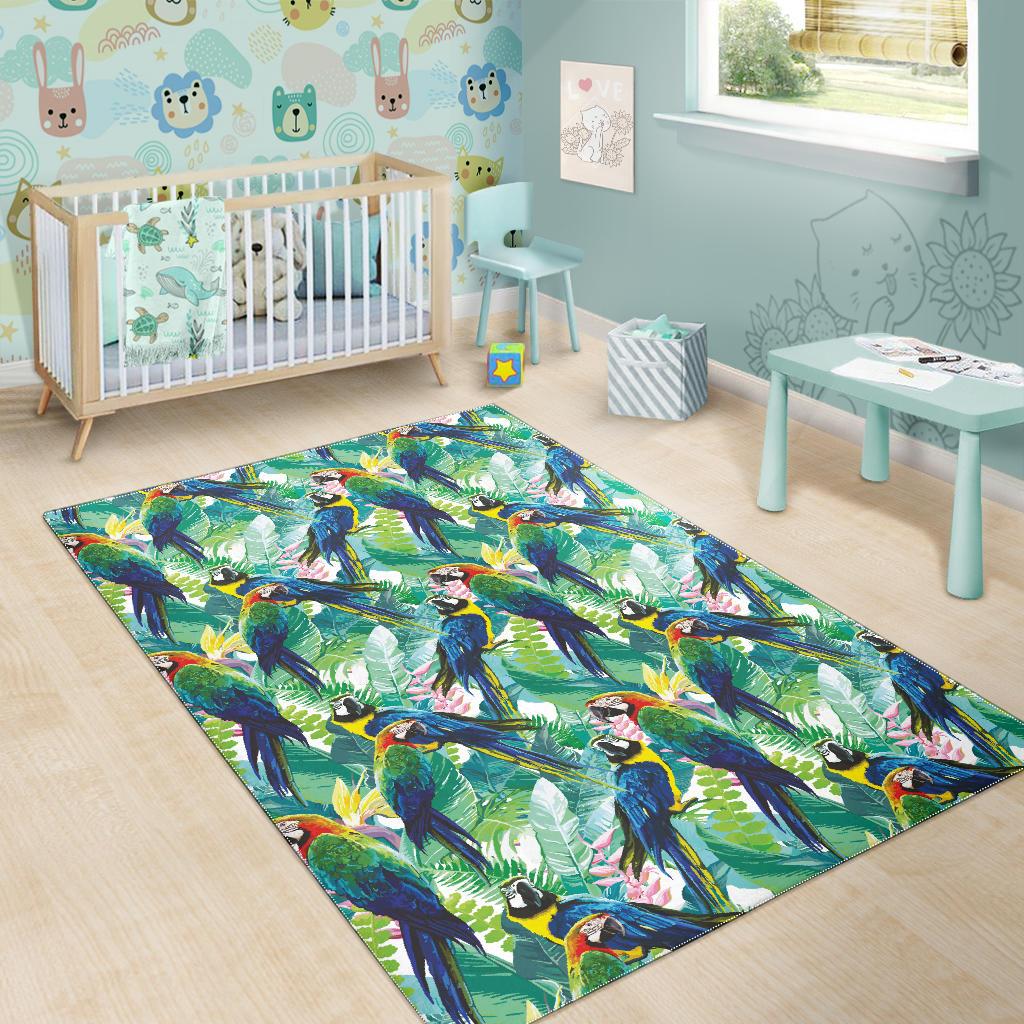 Colorful parrot exotic flower leaves Area Rug