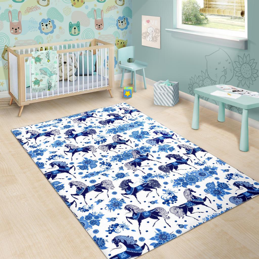 Horse Flower Blue Theme Pattern Area Rug