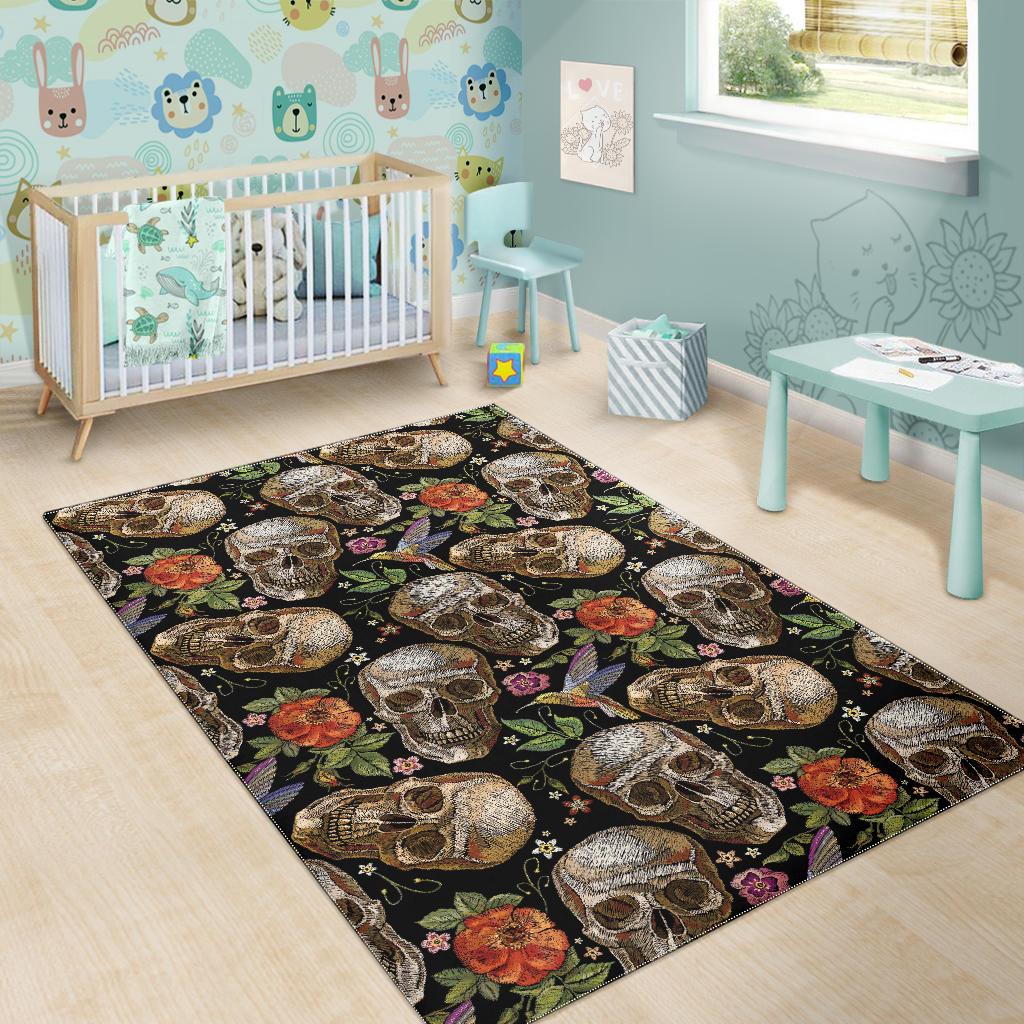 Skull rose humming bird flower pattern Area Rug