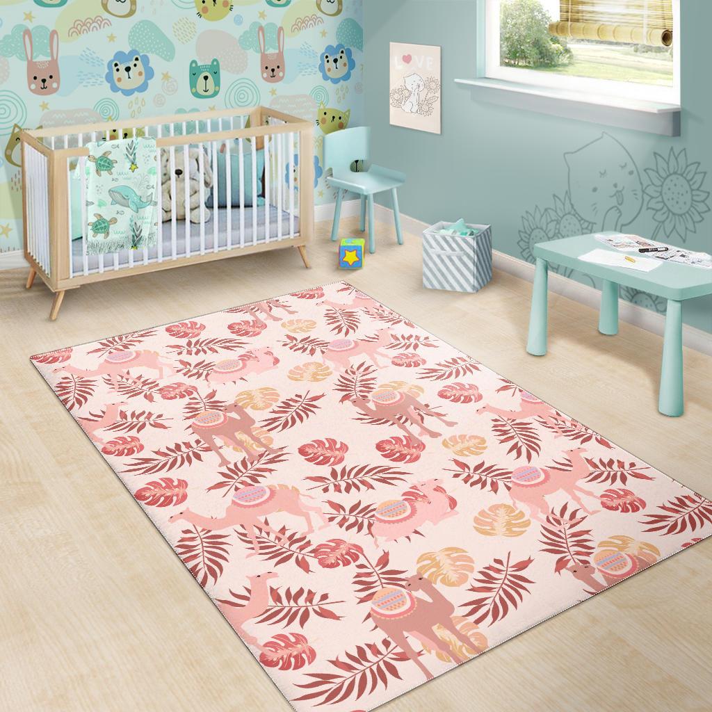 Pink Camel Leaves Pattern Area Rug