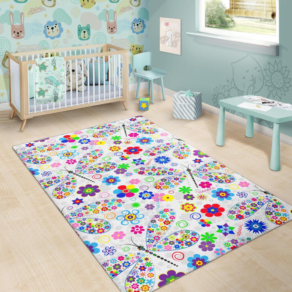 Dragonfly Color Flower Pattern Area Rug