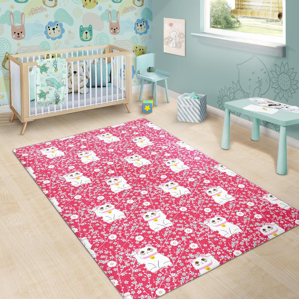 Maneki Neko Lucky Cat sakura pink background Area Rug