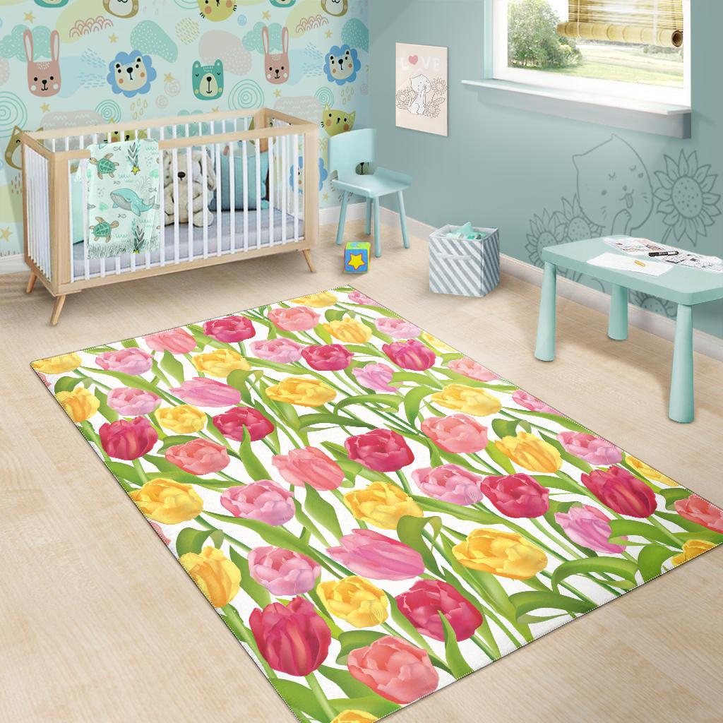 Pink Red Yellow Tulip Pattern Area Rug