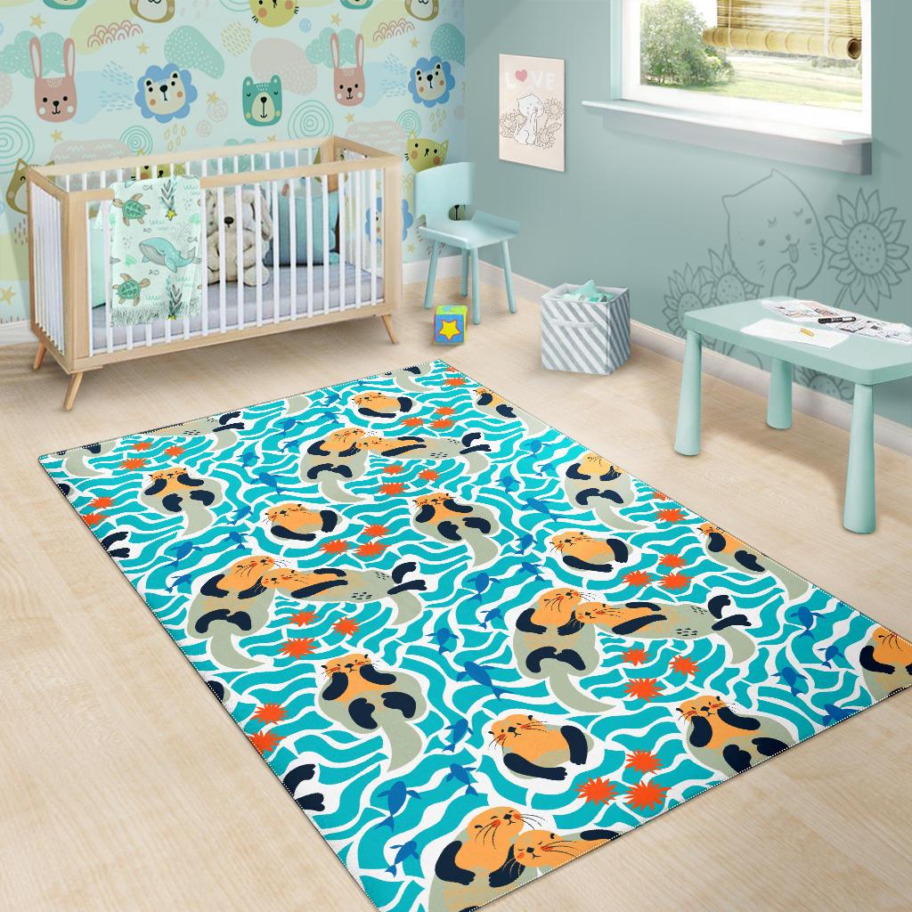 Cute sea otters fishe sea urchin pattern Area Rug