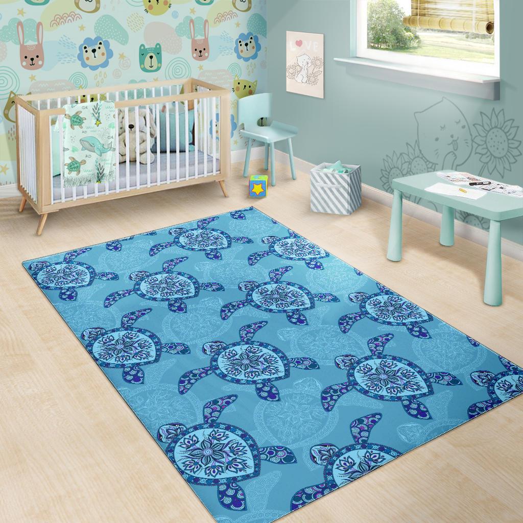 Sea Turtle Blue Tribal Pattern Area Rug