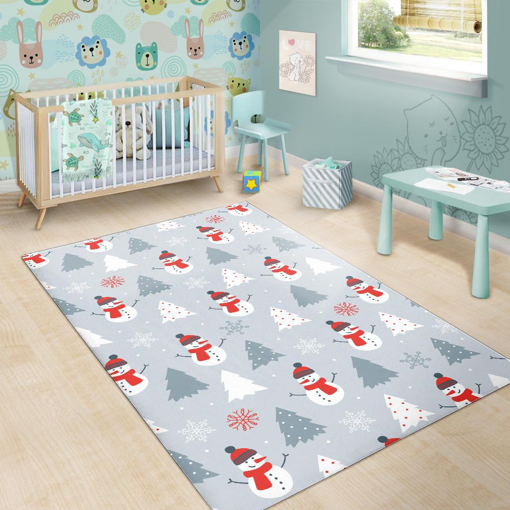 Snowman christmas  tree snow gray background Area Rug