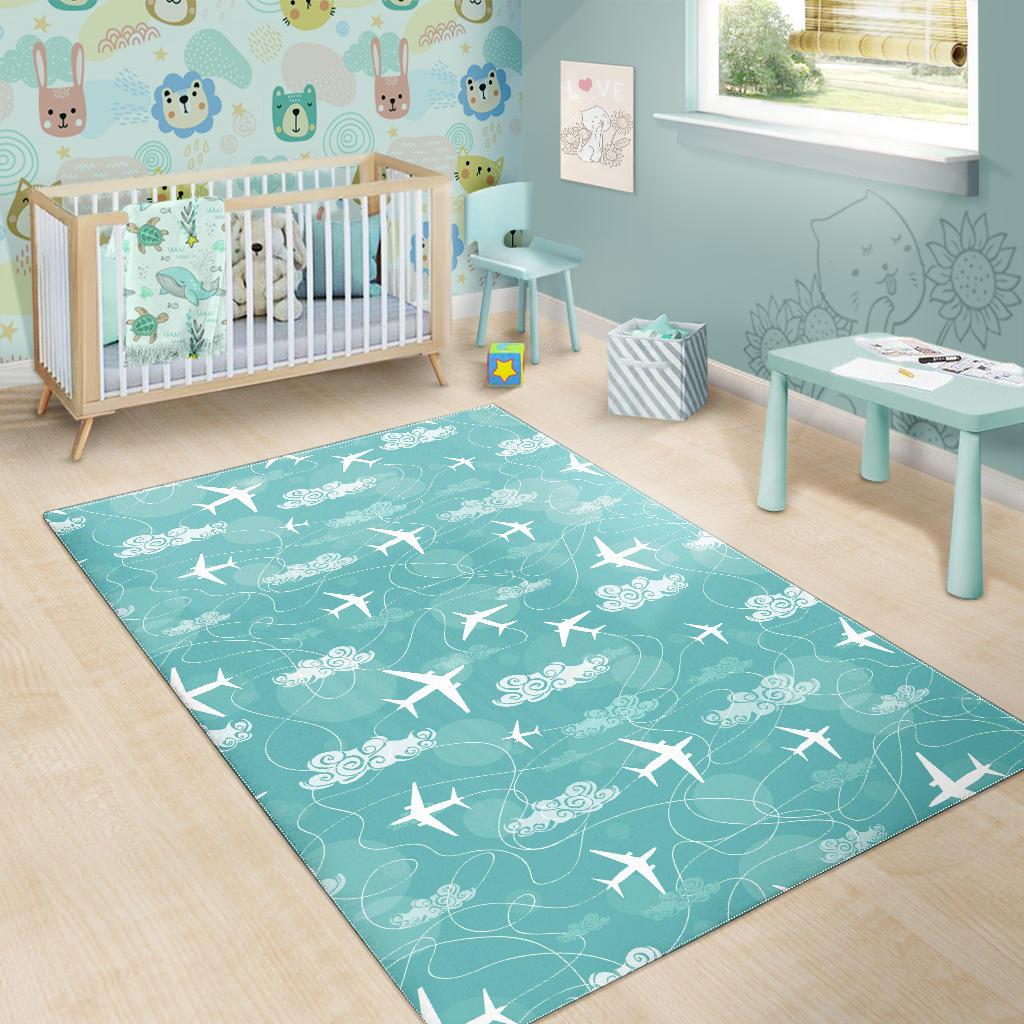 Airplane Cloud Pattern Green Background Area Rug