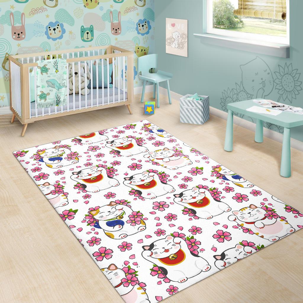 Meneki Neko Lucky Cat Sakura Flower Pattern Area Rug