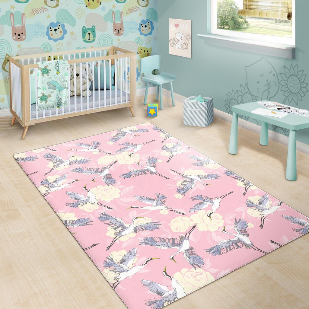 Japanese crane rose pattern Area Rug