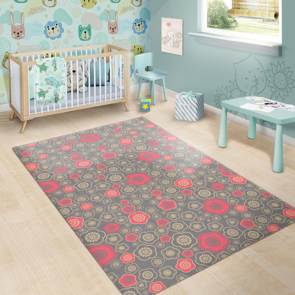 Red gold Sakura cherry blossom gray background Area Rug