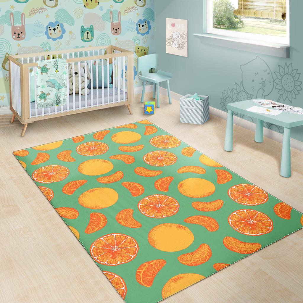 orange fruit pattern green background Area Rug