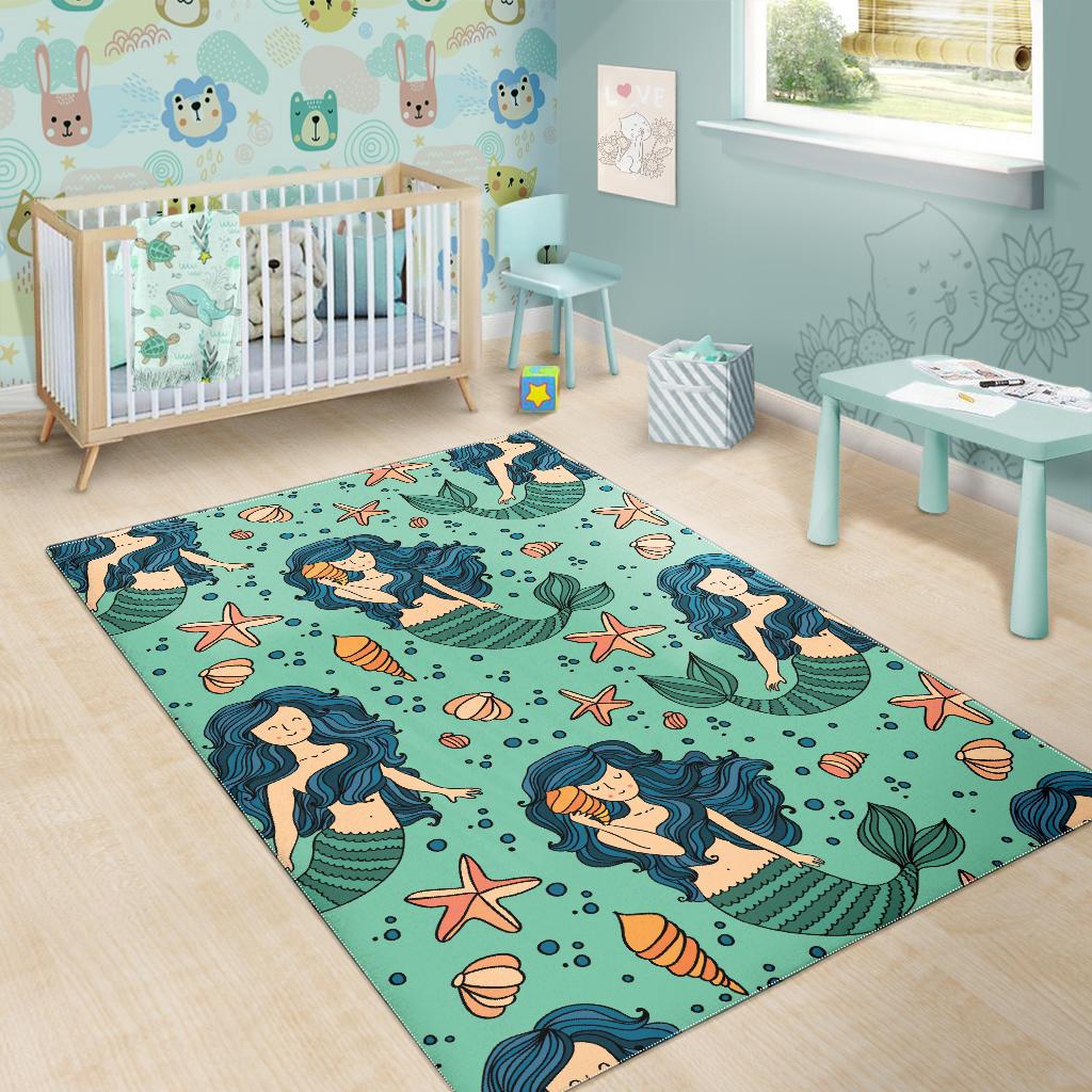 Mermaid Pattern Green Background Area Rug