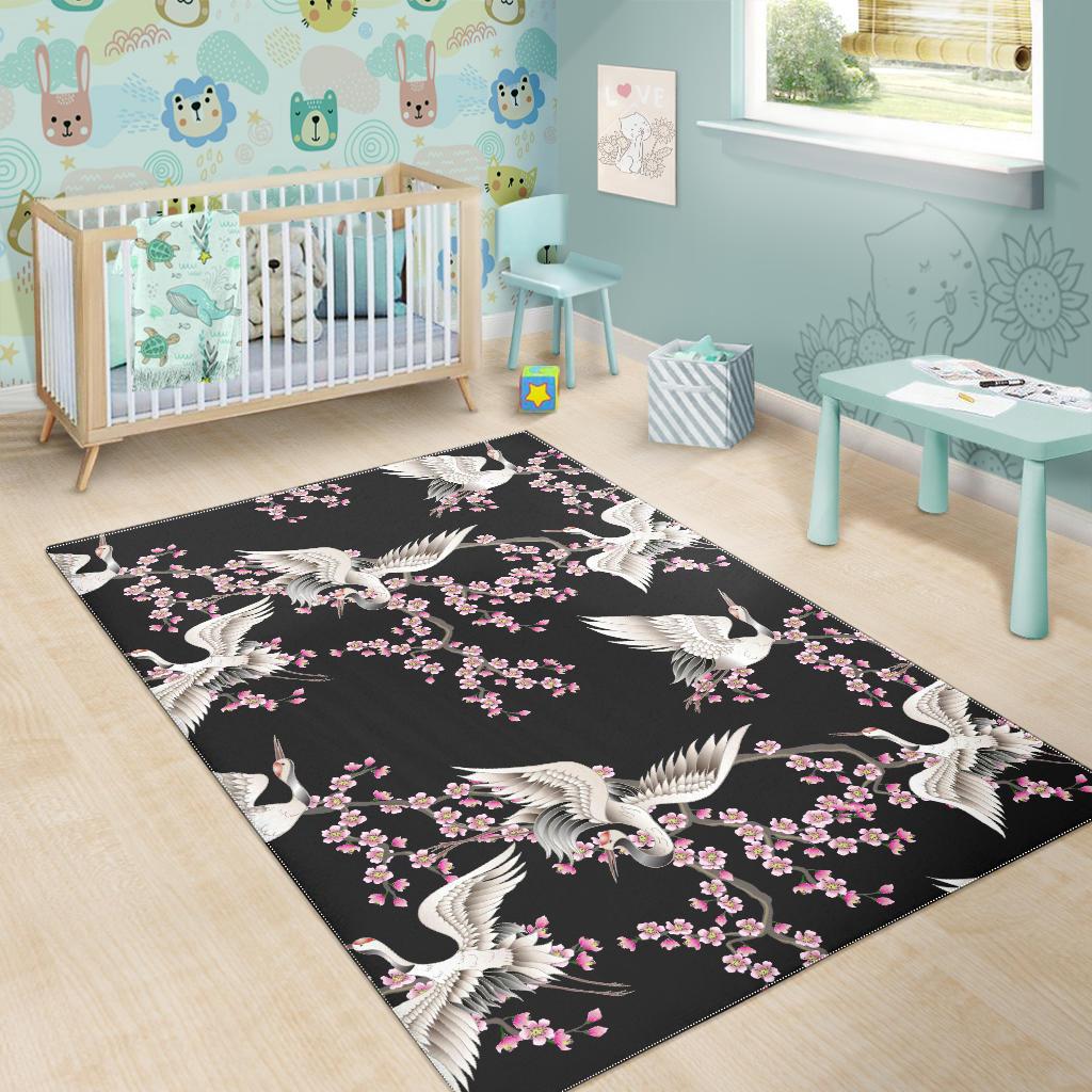 Japanese crane pink sakura pattern Area Rug