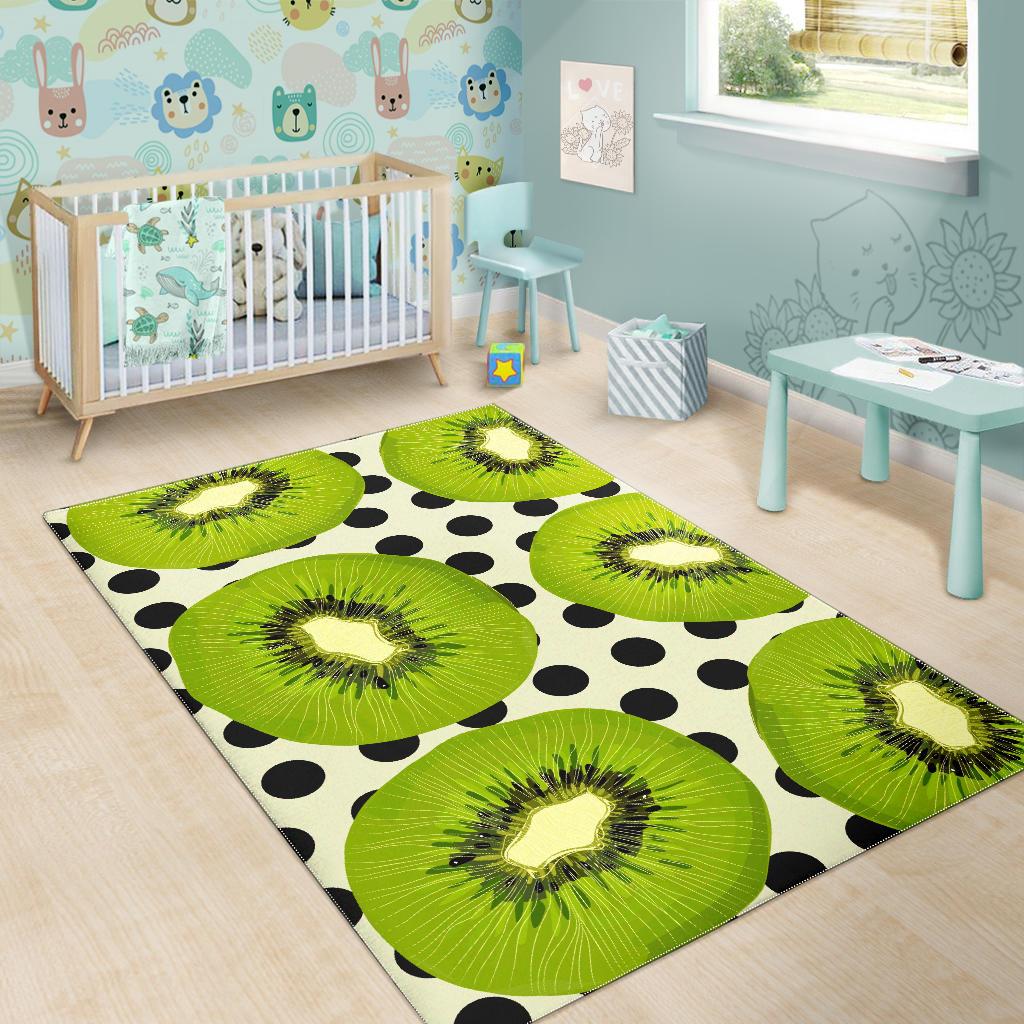 kiwi black dot background Area Rug