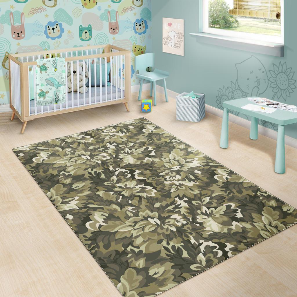 Green Camo Camouflage Flower Pattern Area Rug