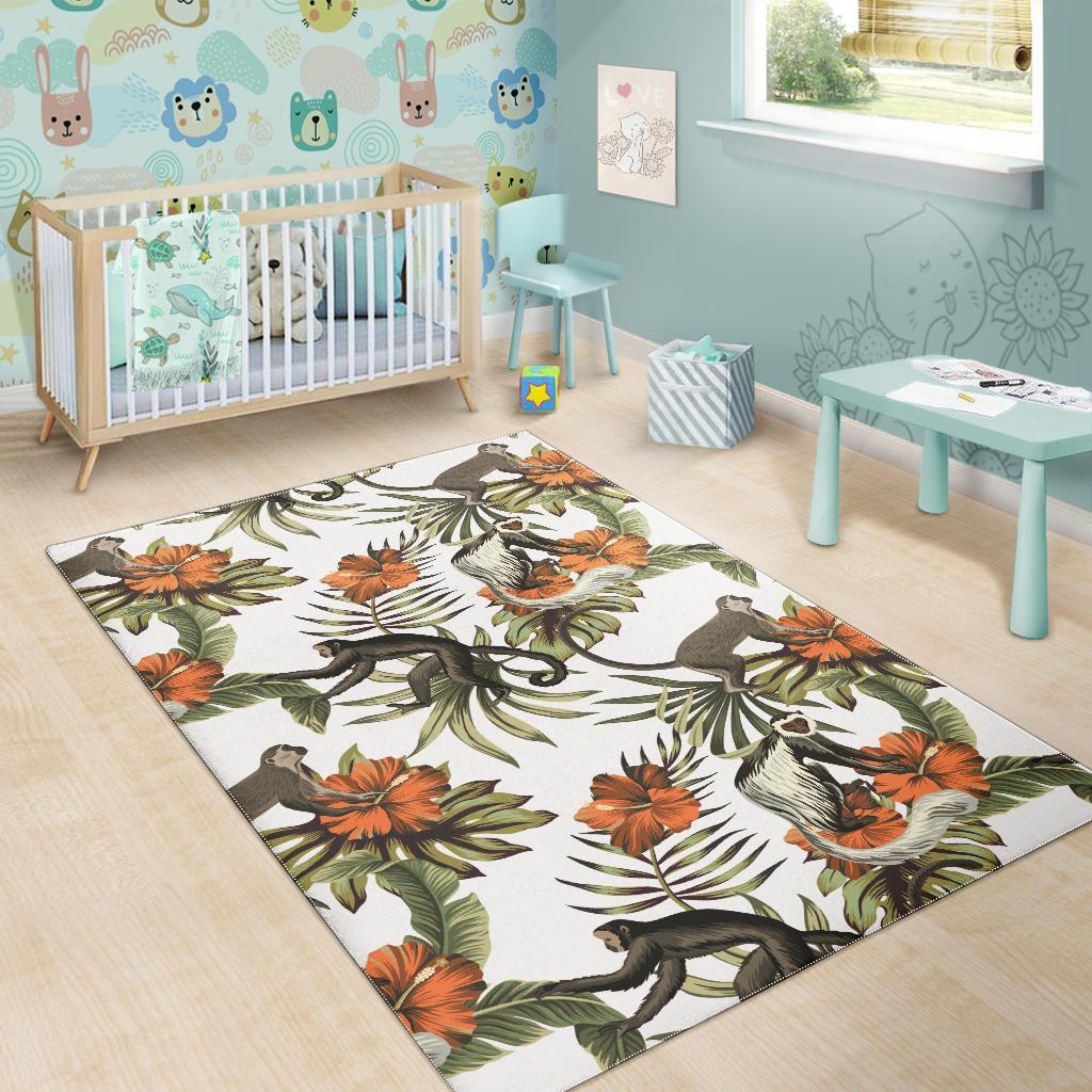 Monkey red hibiscus flower palm leaves floral pattern Area Rug