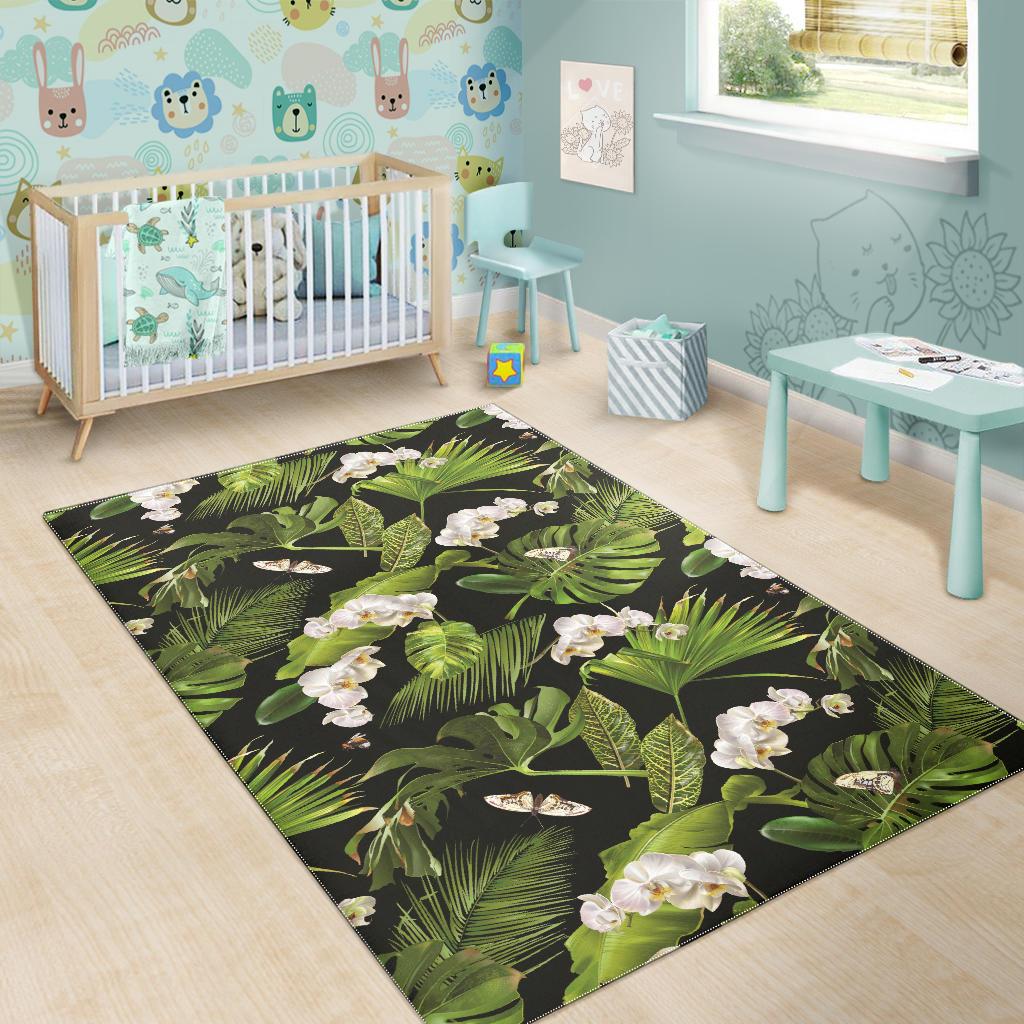 White orchid flower tropical leaves pattern blackground Area Rug