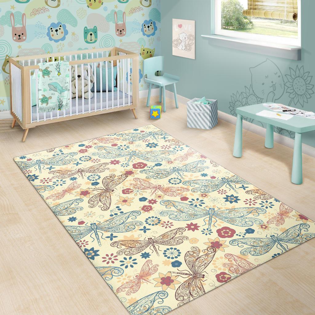 Dragonfly Flower Pattern Area Rug