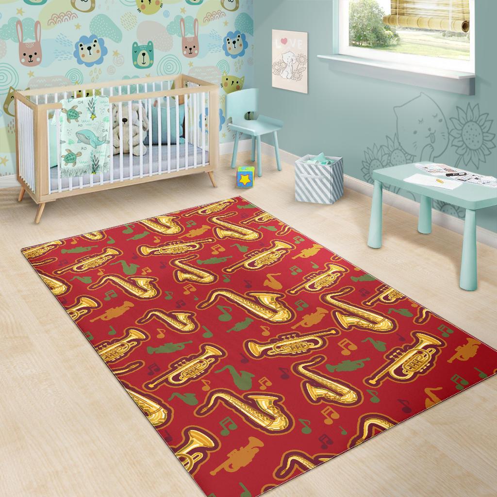 Saxophone cornet pattern red background Area Rug