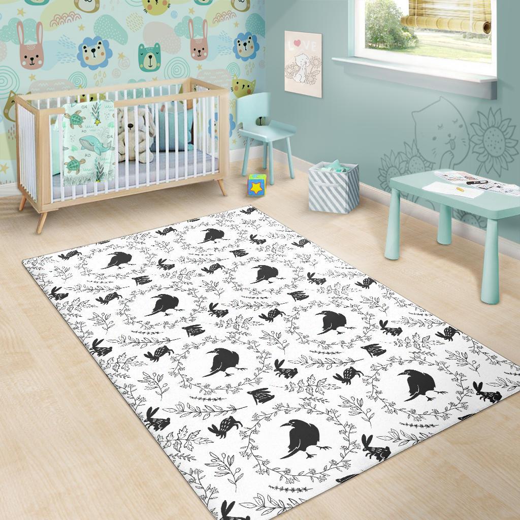 Crows floral wreath rabbit pattern Area Rug