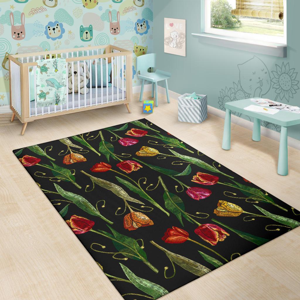 Tulip Embroidered Pattern Print Design TP01 Area Rugs